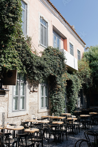 Outdoor Café on a Sunny Cobblestone Street, Alaçatı, Turkey. Empty outdoor bistro tables and chairs line a cobblestone street under a pink stone building covered in lush green ivy, Mediterranean style