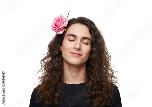 Relaxed woman with flower hair accessory isolated on transparent background