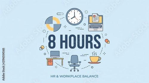 Eight hours text surrounded by office elements and pie chart in professional flat vector HR and workplace balance illustration