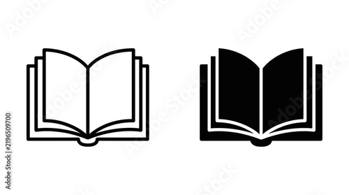 Two styles of open book icons showing a simple outline version and a solid black silhouette version for education and library website design or digital document interface elements