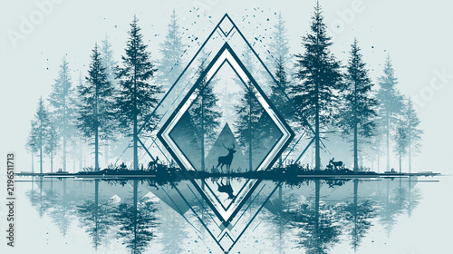 Minimalist geometric forest silhouette with deer and lake reflection