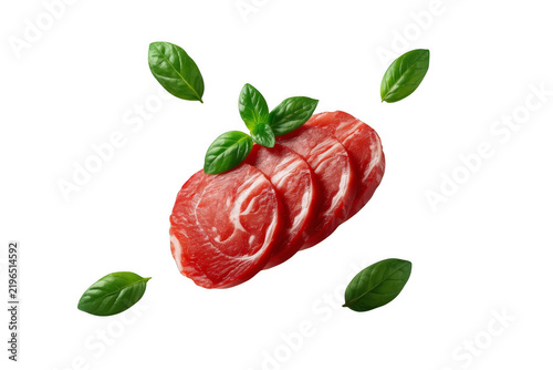 Obraz na płótnie Raw Beef Steak Slices with Basil Leaves