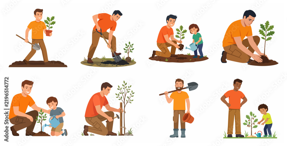 Fototapeta premium Set of diverse people planting trees and caring for nature, environment protection and reforestation concept illustrations