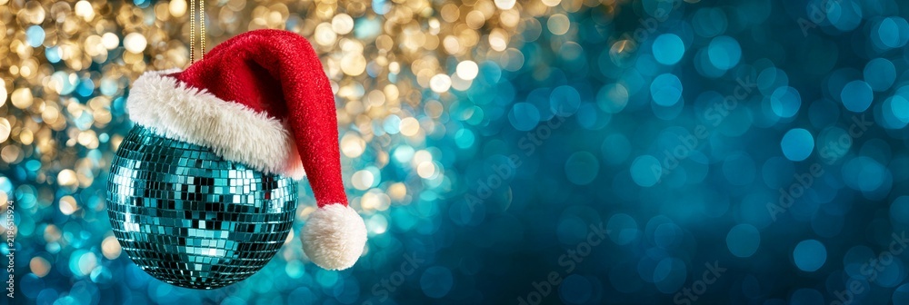 Obraz premium mirrored disco ball wearing a red santa hat against a sparkling blue and gold background
