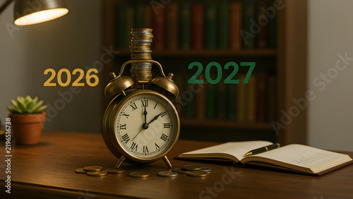 Alarm clock with stacked coins and 2026 to 2027 transition new year for symbolize financial planning, savings, investment growth, budgeting, retirement goals and wealth, created with generative ai