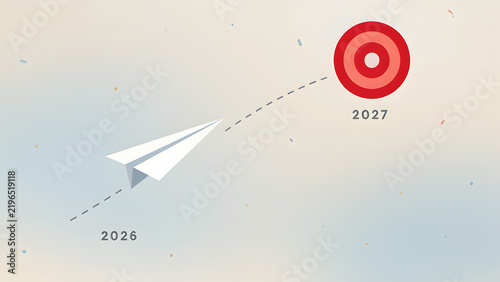 Vector illustration of a paper airplane flying from 2026 to 2027 with a target symbol, representing business goals and planning for the future., created with generative ai