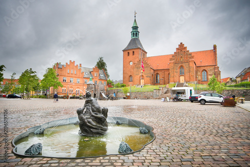 Картината върху платно Town Square and Church of Our Lady of Guadalupe in Svendborg, Denmark
