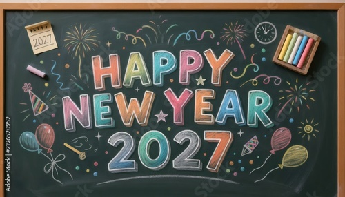 Blackboard drawing of happy new year 2027 with chalk doodles