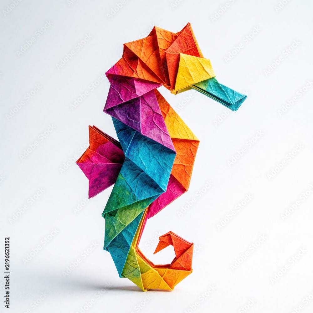 Fototapeta premium Colorful paper origami seahorse on white background. Vibrant rainbow folded paper craft animal shows detailed geometric texture. Creative handmade marine life sculpture for art decor kids hobby.