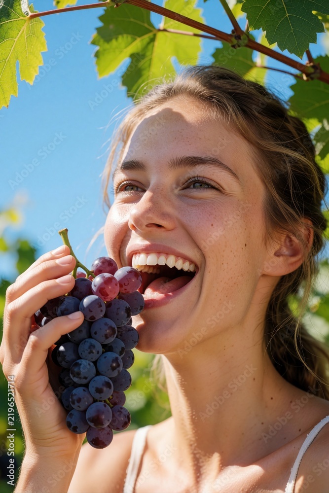 Obraz premium Smiling woman eats fresh grapes in sunny vineyard. She enjoys juicy fruit outdoors against blue sky. Healthy snack tasting experience. Summer harvest enjoyment.