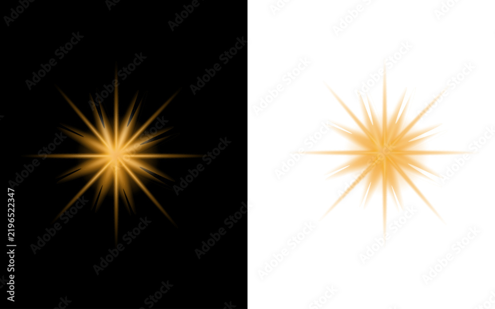 Fototapeta premium Golden starburst light effect with long rays on black and white background