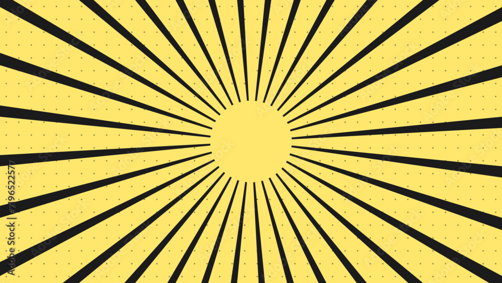 Obraz premium Yellow background, with black radial, sunburst lines and, a subtle grid, of small dots, creating a vintage, comic book or, pop style