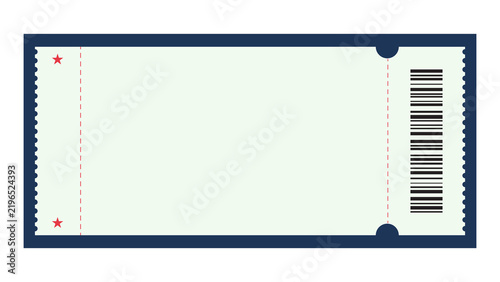 Blank event ticket stub with dark blue border and barcode admission template perforated entertainment reserved activity isolated rectangle document identity validation official