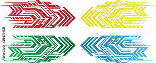 Set of four abstract futuristic speed arrows or racing decals in red, yellow, green and blue, vector graphic design element