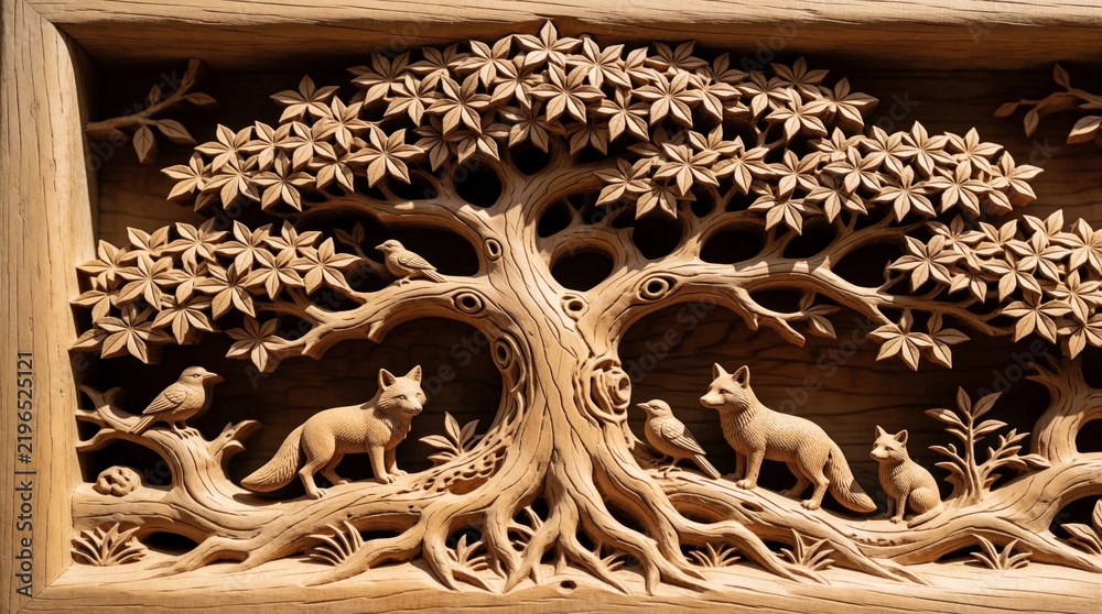 Fototapeta premium Intricate wood carving shows large tree with forest animals. Detailed sculpture features foxes, birds, leaves in relief. Handcrafted wooden art piece displays nature scene with organic textures.