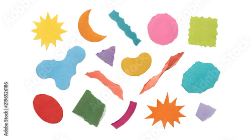 Set of colorful paper cutouts with various abstract shapes and textures isolated on transparent background
