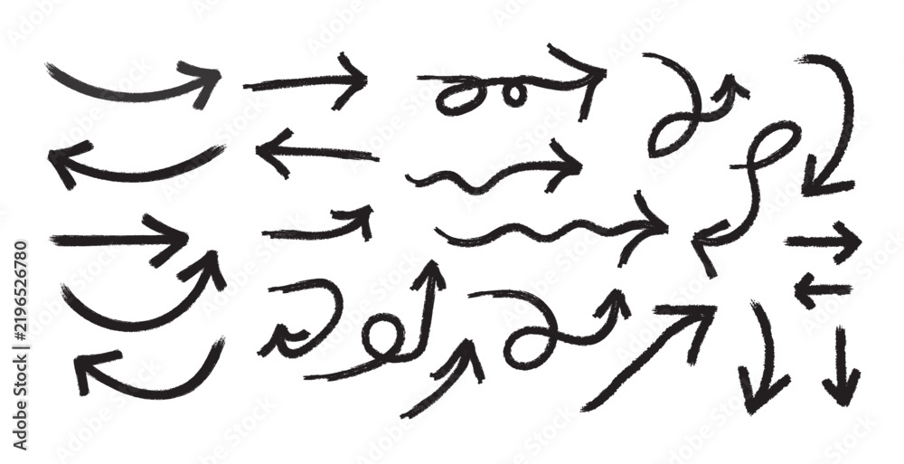 Fototapeta premium Collection of hand drawn brush stroke arrows and directional indicators for design and illustration purposes