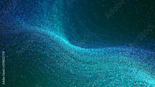 Abstract background with a dark blue and green color scheme. the background is made up of small, glittery particles that create a wave-like pattern.