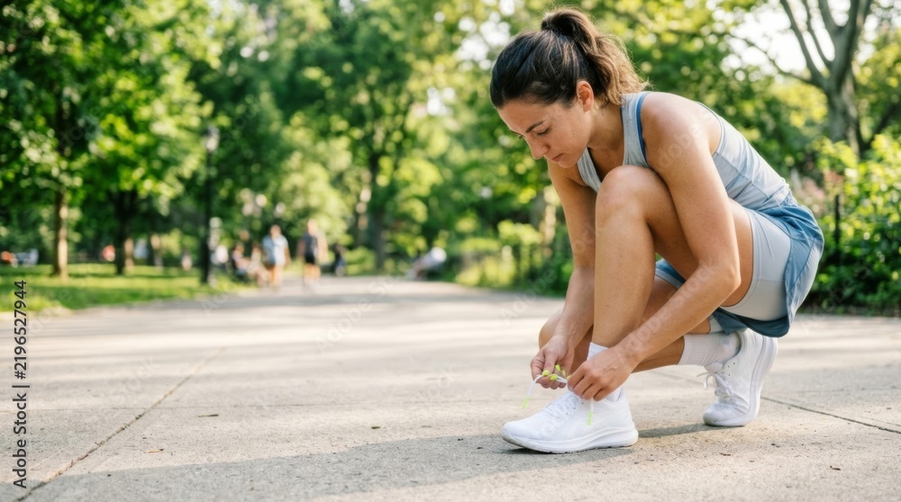 Obraz premium Woman tying neon lime shoelaces on white sneakers in sunlit park, ready for fitness