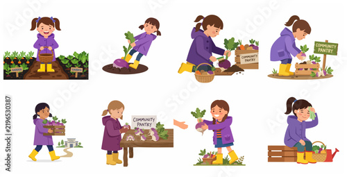 Cute girl gardening and donating fresh harvest to community pantry illustration set