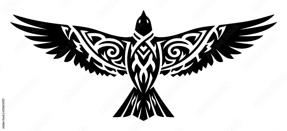Obraz premium Flying Raven with Celtic Knotwork Wings Vector Tribal Tattoo Illustration for Nordic Viking and Falcon Mascot Design