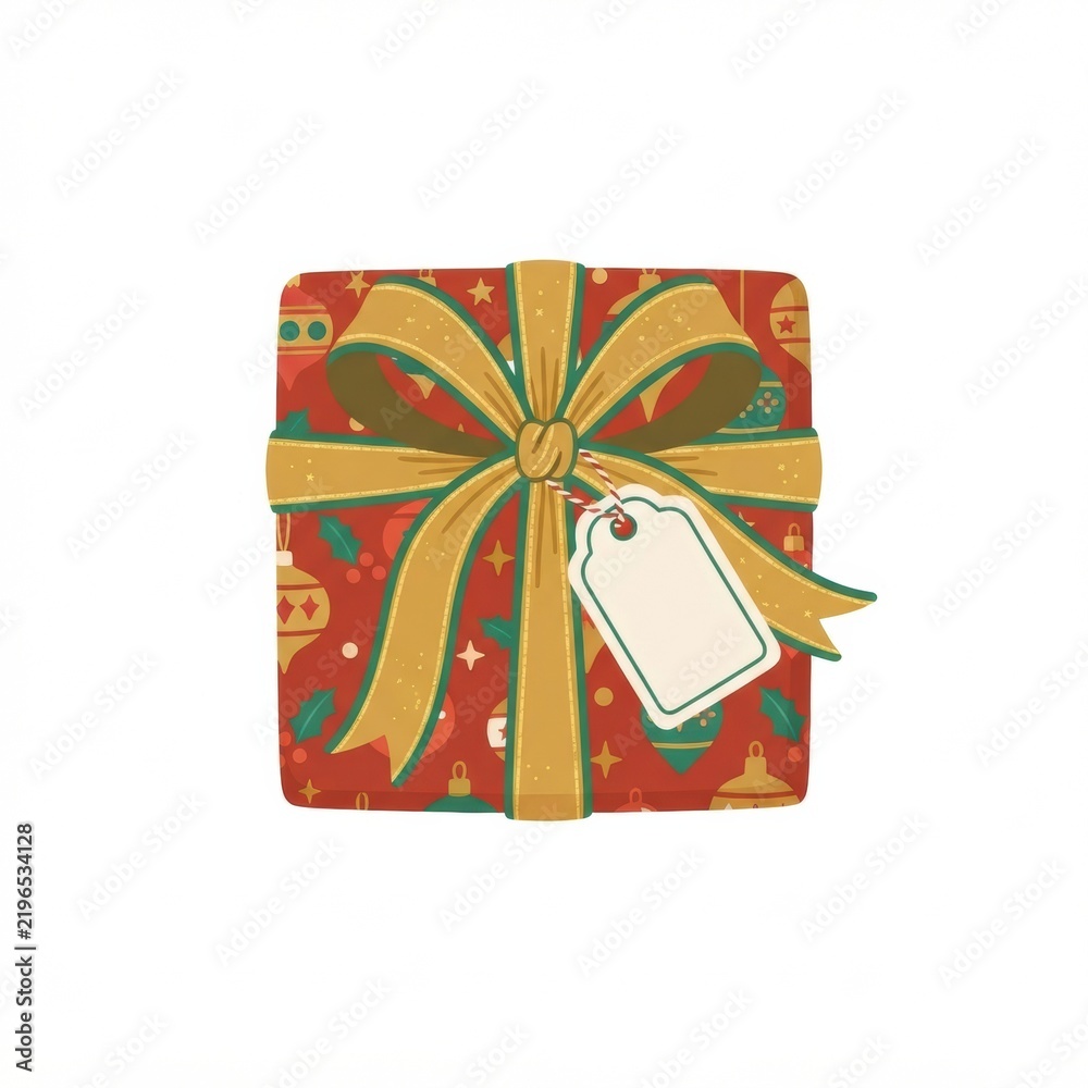Fototapeta premium A colorful gift box with a ribbon rests, surrounded by holiday decorations, reflecting the spirit of the winter season and joy.