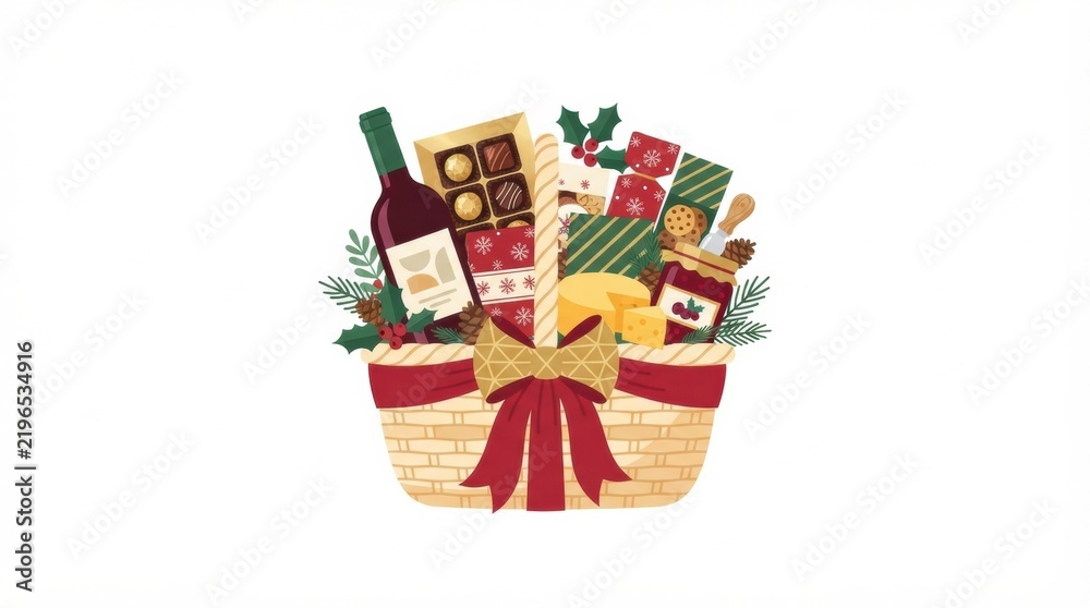 Fototapeta premium A gift basket contains wine, cheese, cookies, and festive decorations for the Christmas holiday. It is arranged for celebration during winter.