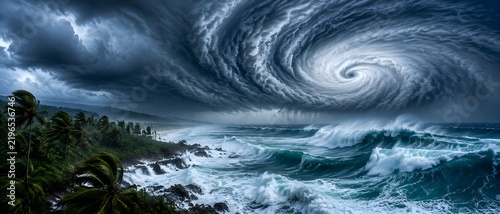 Hurricane clouds rotating above a turbulent tropical coastline with huge waves