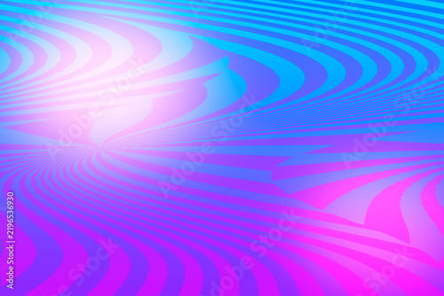 Abstract neon wavy background with distorted blue and pink lines.
