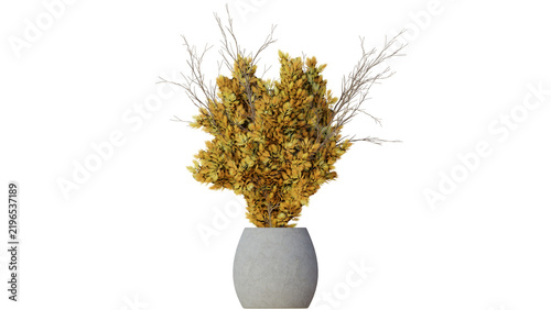 Elegant arrangement of yellow dried flowers and grey branches in a white ceramic vase against a solid black backdrop, creating a minimalist decorative piece.