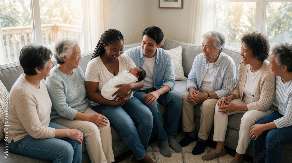 Fototapeta premium Diverse family gathers on couch supporting new mother and tiny baby. Generations share joy, love, and advice in comfortable home setting. Elderly women smile warmly at infant.