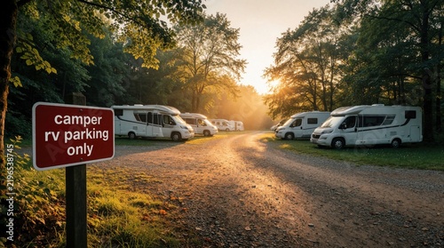 White recreational vehicles park in gravel lot at sunrise. Red sign says camper rv parking. Motorhomes sit under green trees in forest campground. Morning sun shines on camping area during summer
