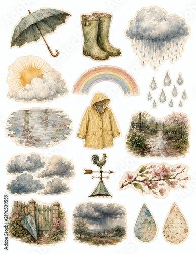 Vintage Spring Rain Collage with Clouds and Botanical Details