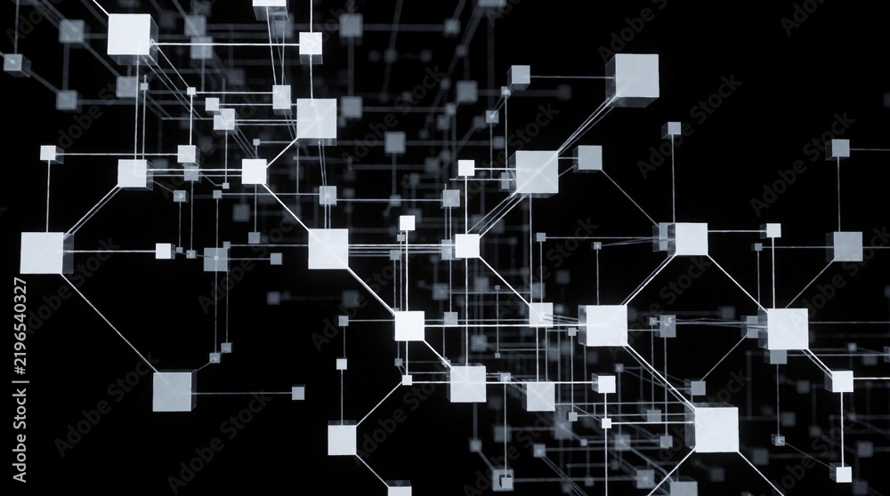 Obraz premium Digital network structure with glowing white squares connected by thin lines on black. Abstract geometric pattern represents data flow and communication in cyberspace.