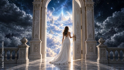 Woman in white dress standing at open marble gateway to cloud city