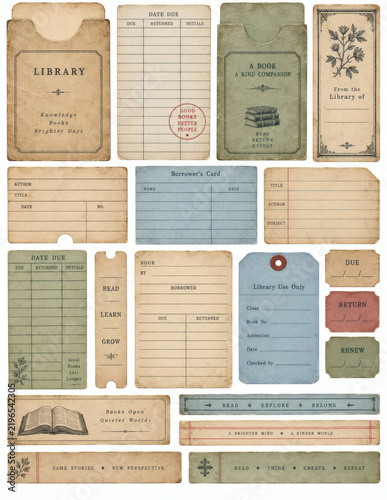 Vintage library cards and blank writing label ephemera