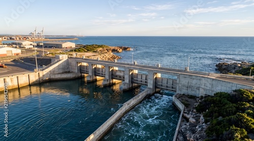 Concrete dam controlling water flow between river channel and vast ocean