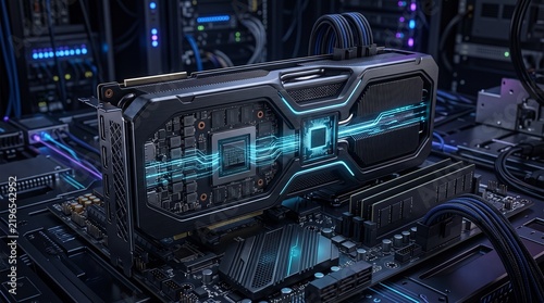 Powerful graphics card with glowing blue data lines on motherboard