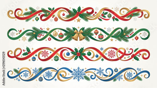 Christmas dividers and decorative ribbons with pine branches, ornaments, and snowflakes in a festive style.