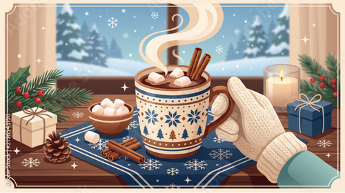 Hot chocolate mug held in a knitted glove with marshmallows and a winter snow scene outside the window.