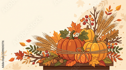 Autumn harvest still life featuring pumpkins, colorful leaves, wheat stalks, and berries on a wooden surface.