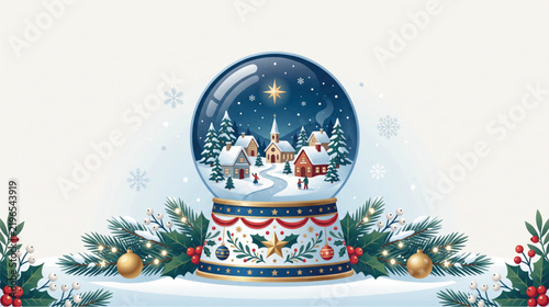 Snowglobe containing a charming winter village scene surrounded by holiday pine branches and festive decor.