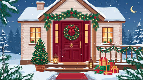 Christmas house exterior decorated with festive garlands and wrapped presents in the snow at night.