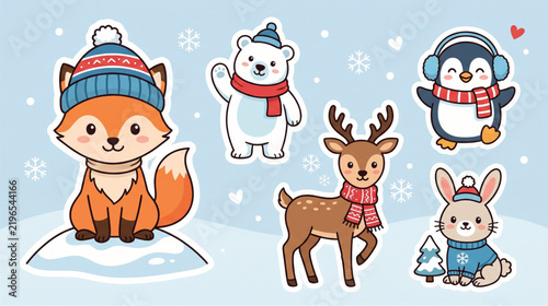 Cute winter animals stickers featuring a fox polar bear deer penguin and rabbit wearing warm clothes and scarves.