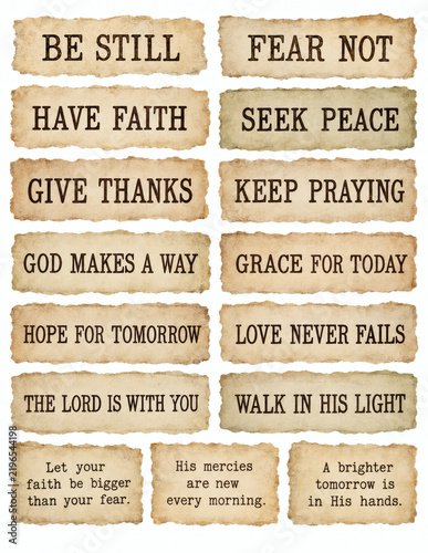 Torn parchment faith strips with inspirational words