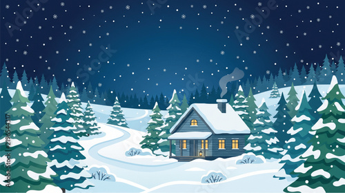 Winter landscape featuring a cozy cabin nestled among snow covered pine trees under a starry night sky with falling snow.