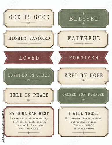 Antique faith labels with graceful devotional typography