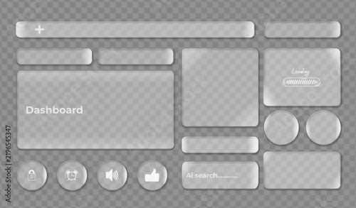 Set of modern glass morphism ui elements including various buttons and rectangular panels for website and mobile application design