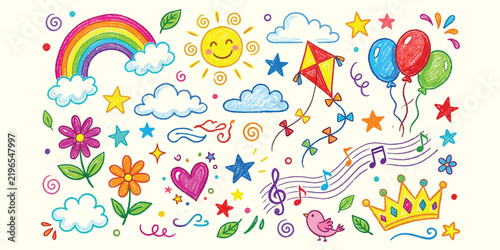 Cute kids drawing doodles set with rainbow sun kite crown and balloons vector illustration