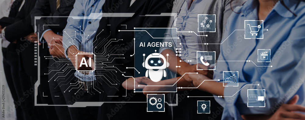 Obraz premium AI agents power automation for commerce, customer service, analytics and media operations, connecting tools and data to deliver faster decisions and scalable digital transformation. Corpus